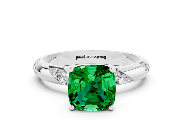 Silver Cushion Cut Emerald Solitaire Engagement Ring with Twisted Round  Accent Band and Prong Setting
