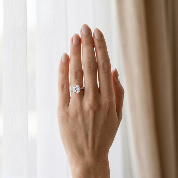 White gold Cushion Cut Solitaire Diamond Ring with Pave Band and Four-Prong Setting