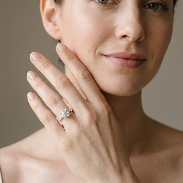 White gold Cushion Cut Solitaire Diamond Ring with Pave Band and Four-Prong Setting