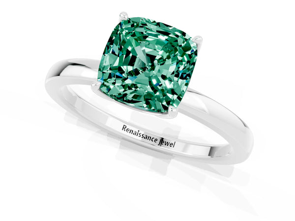 Silver Cushion Cut Green Sapphire Solitaire Ring with Thin Band and Prong Setting