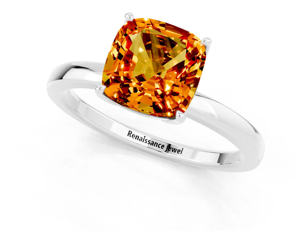Silver Cushion Cut Citrine Solitaire Ring with Thin Band and Prong Setting