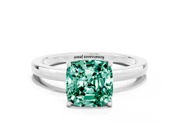 Silver Cushion Cut Green Sapphire Solitaire Ring with Thin Band and Prong Setting
