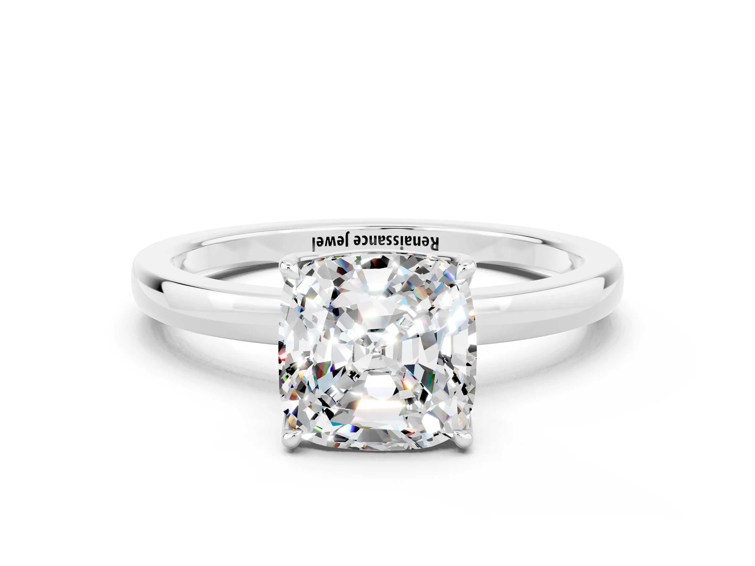 White gold Cushion Cut Solitaire Diamond Ring with Thin Band and Four-Prong Setting