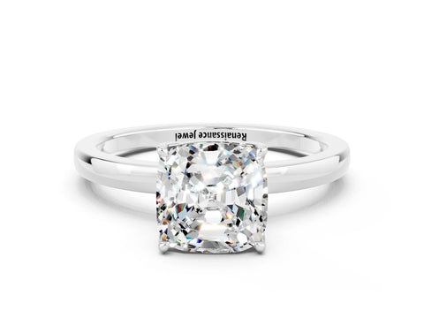 White gold Cushion Cut Solitaire Diamond Ring with Thin Band and Four-Prong Setting