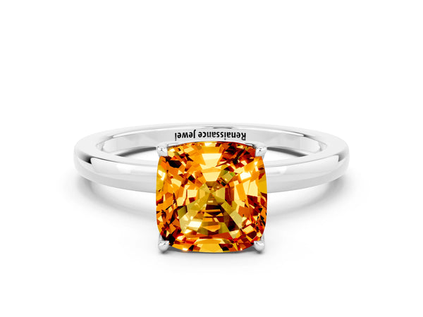 Platinum Cushion Cut Citrine Solitaire Ring with Thin Band and Prong Setting
