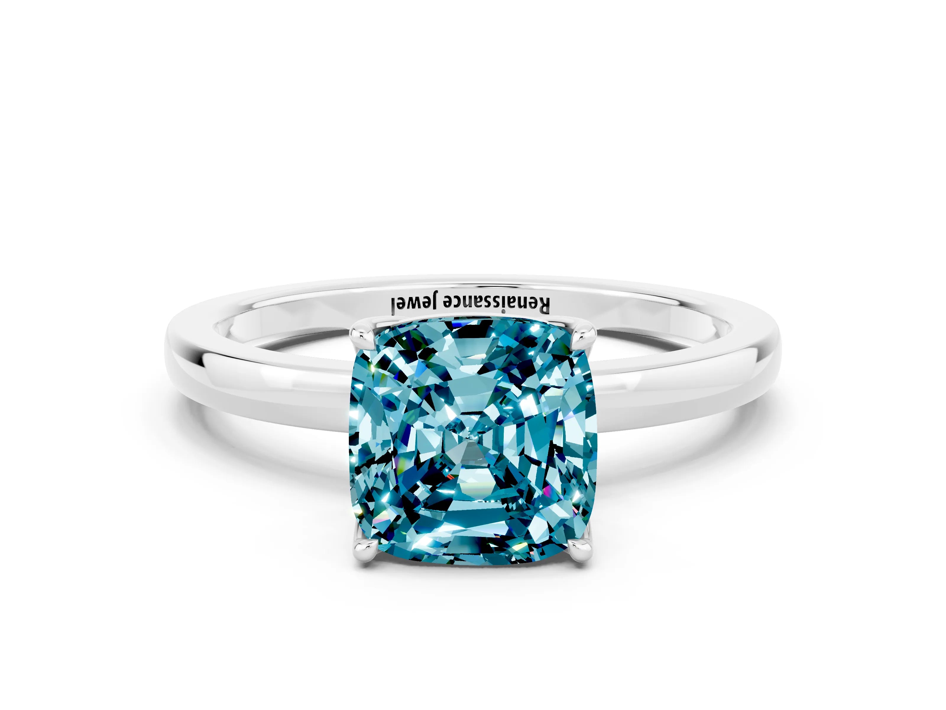 White gold Cushion Cut Solitaire Diamond Ring with Thin Band and Four-Prong Setting