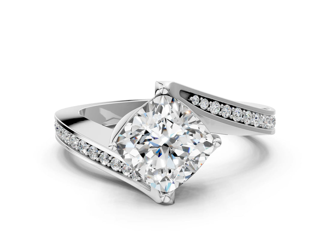 White gold Cushion Cut Solitaire Diamond Twist Band with Pavé Setting and Four-Prong Setting_7