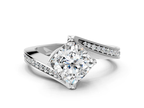 White Gold Cushion Cut Bypass Solitaire Engagement Ring Setting with Swirl Pave Band