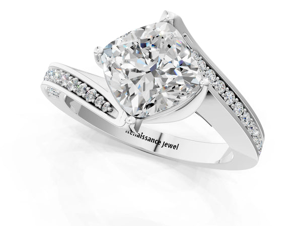 White Gold Cushion Cut Bypass Solitaire Engagement Ring Setting with Swirl Pave Band