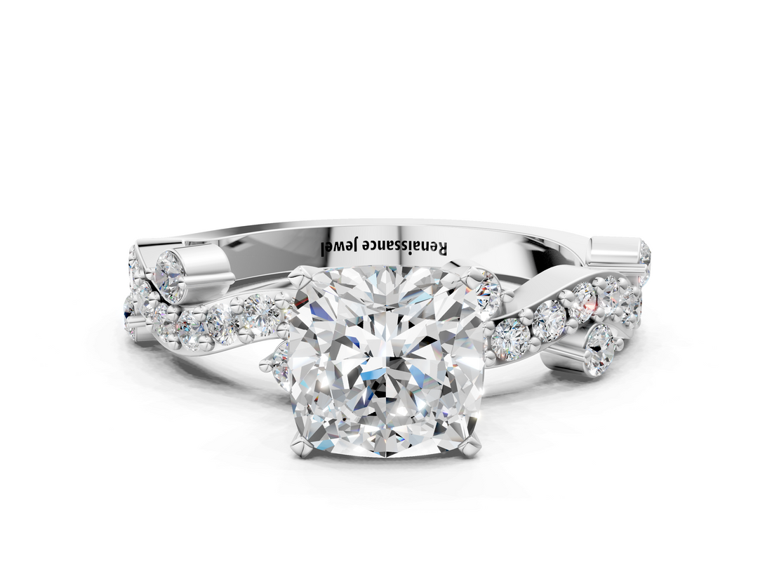 White gold Cushion Cut Solitaire Diamond Twisted Band with Pave Setting_92