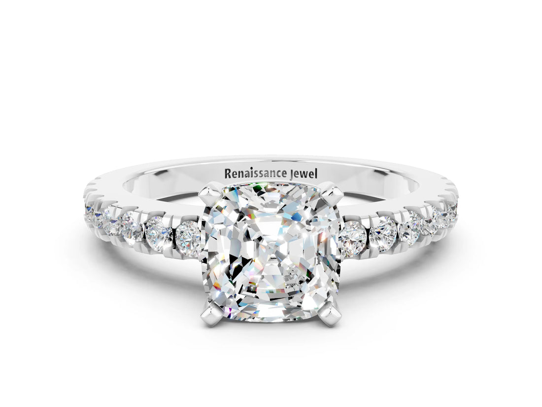 White gold Cushion Cut Solitaire Diamond with Pavé Band and Four-Prong Setting