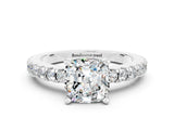 White gold Cushion Cut Solitaire Diamond with Pavé Band and Four-Prong Setting