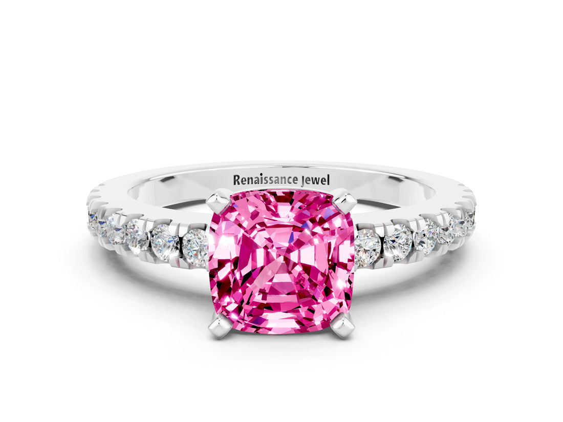 White gold Cushion Cut Solitaire Diamond with Pavé Band and Four-Prong Setting