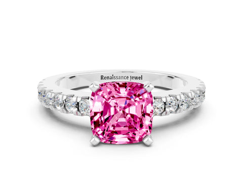 White gold Cushion Cut Solitaire Diamond with Pavé Band and Four-Prong Setting