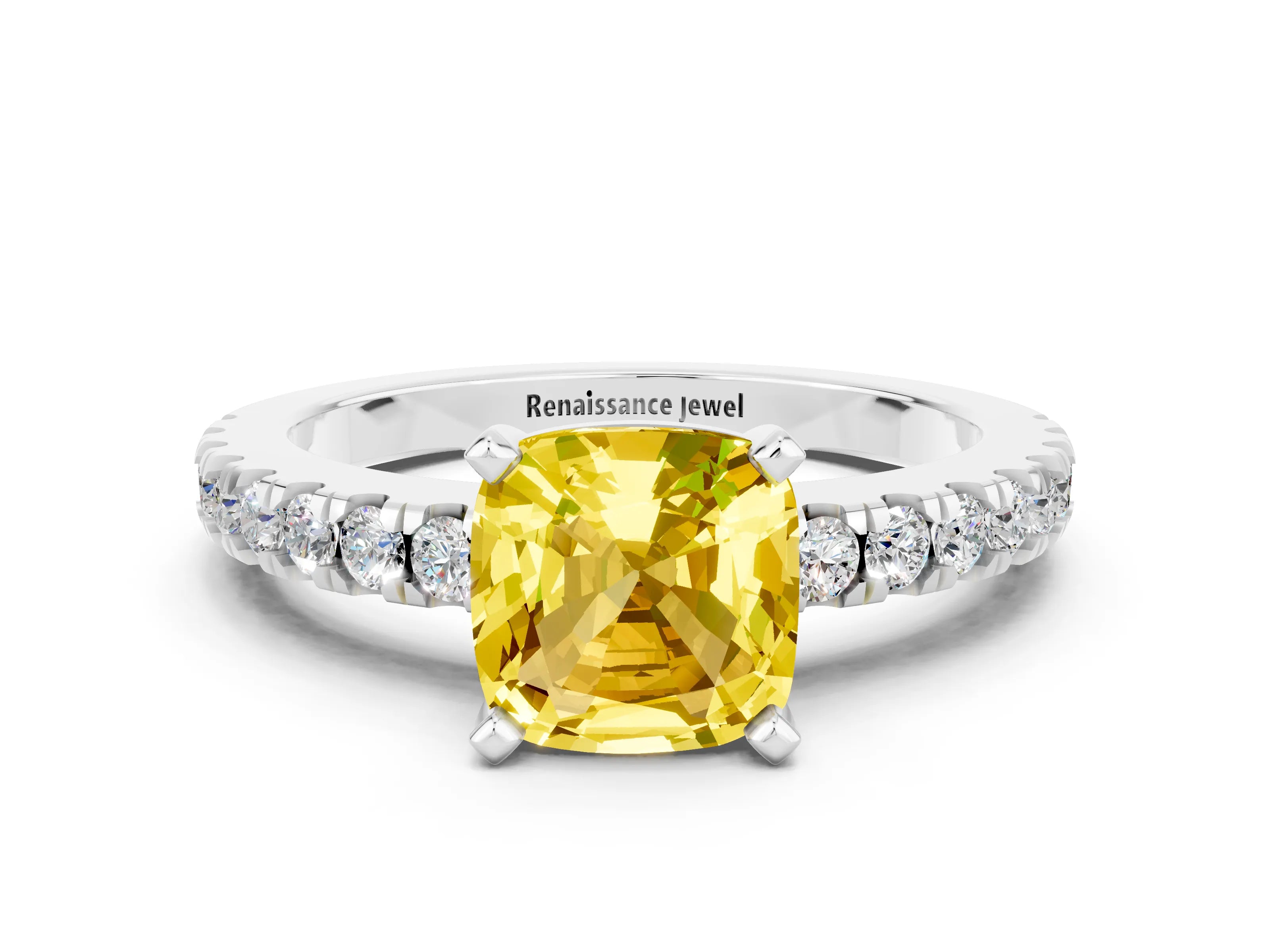 White gold Cushion Cut Solitaire Diamond with Pavé Band and Four-Prong Setting
