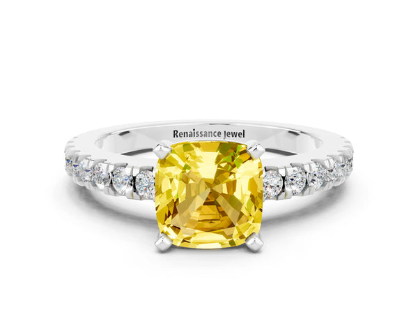 Silver Cushion Cut Solitaire Yellow Sapphire with Pavé Band and Four-Prong Setting