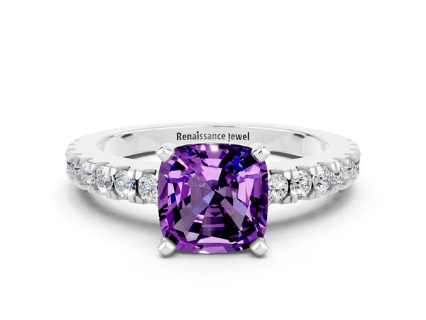 White gold Cushion Cut Solitaire Amethyst with Pavé Band and Four-Prong Setting