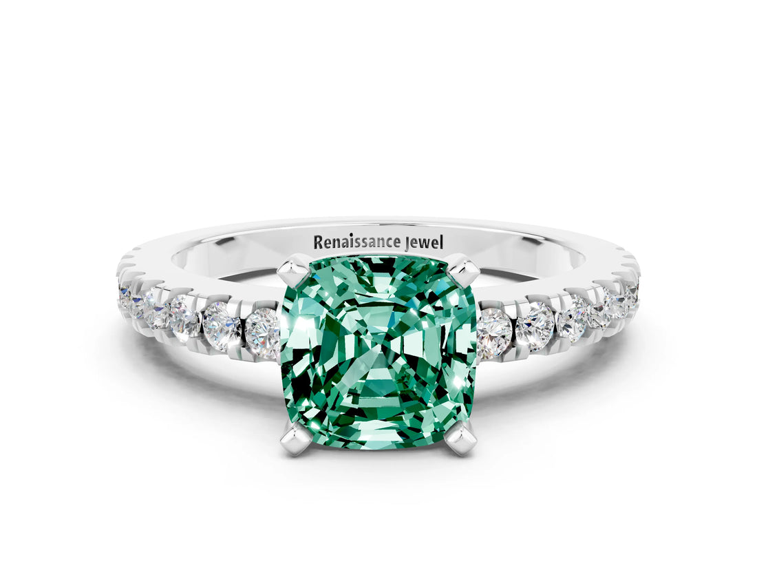 White gold Cushion Cut Solitaire Diamond with Pavé Band and Four-Prong Setting