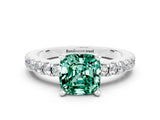 White gold Cushion Cut Solitaire Diamond with Pavé Band and Four-Prong Setting