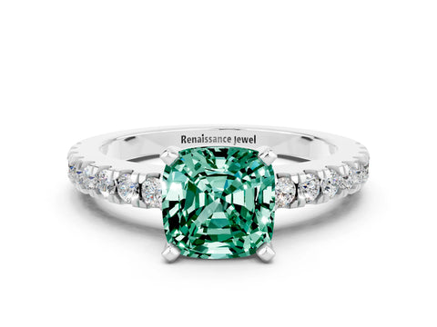 White gold Cushion Cut Solitaire Diamond with Pavé Band and Four-Prong Setting