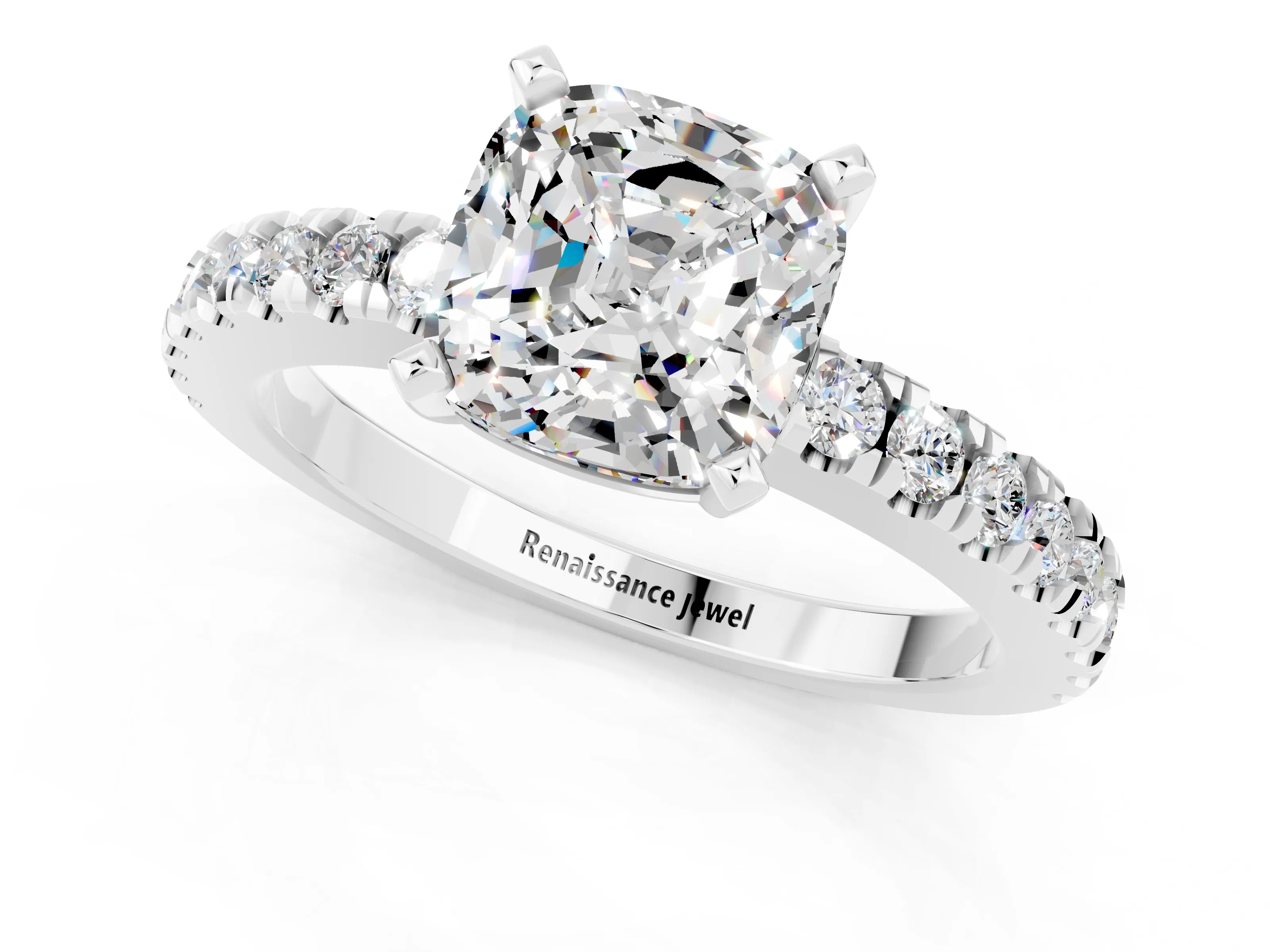 White gold Cushion Cut Solitaire Diamond with Pavé Band and Four-Prong Setting_1