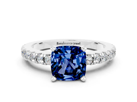 White gold Cushion Cut Solitaire Diamond with Pavé Band and Four-Prong Setting