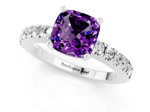 White gold Cushion Cut Solitaire Diamond with Pavé Band and Four-Prong Setting_1