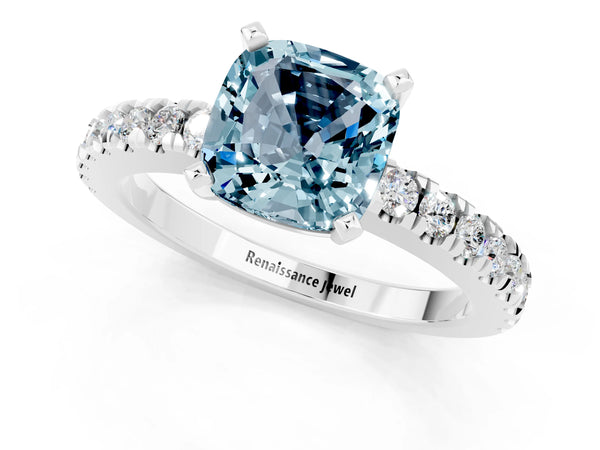 Platinum Cushion Cut Solitaire Aquamarine with Pavé Band and Four-Prong Setting