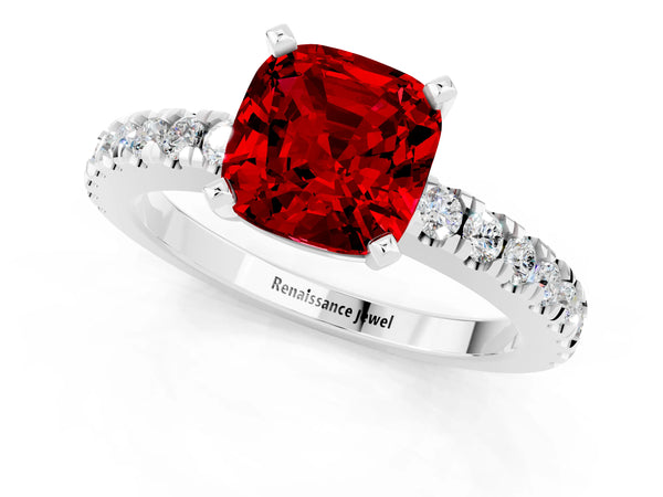 Platinum Cushion Cut Solitaire Ruby with Pavé Band and Four-Prong Setting