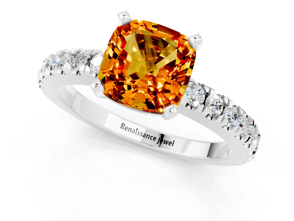 Silver Cushion Cut Solitaire Citrine with Pavé Band and Four-Prong Setting