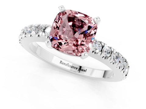 White gold Cushion Cut Solitaire Diamond with Pavé Band and Four-Prong Setting_1