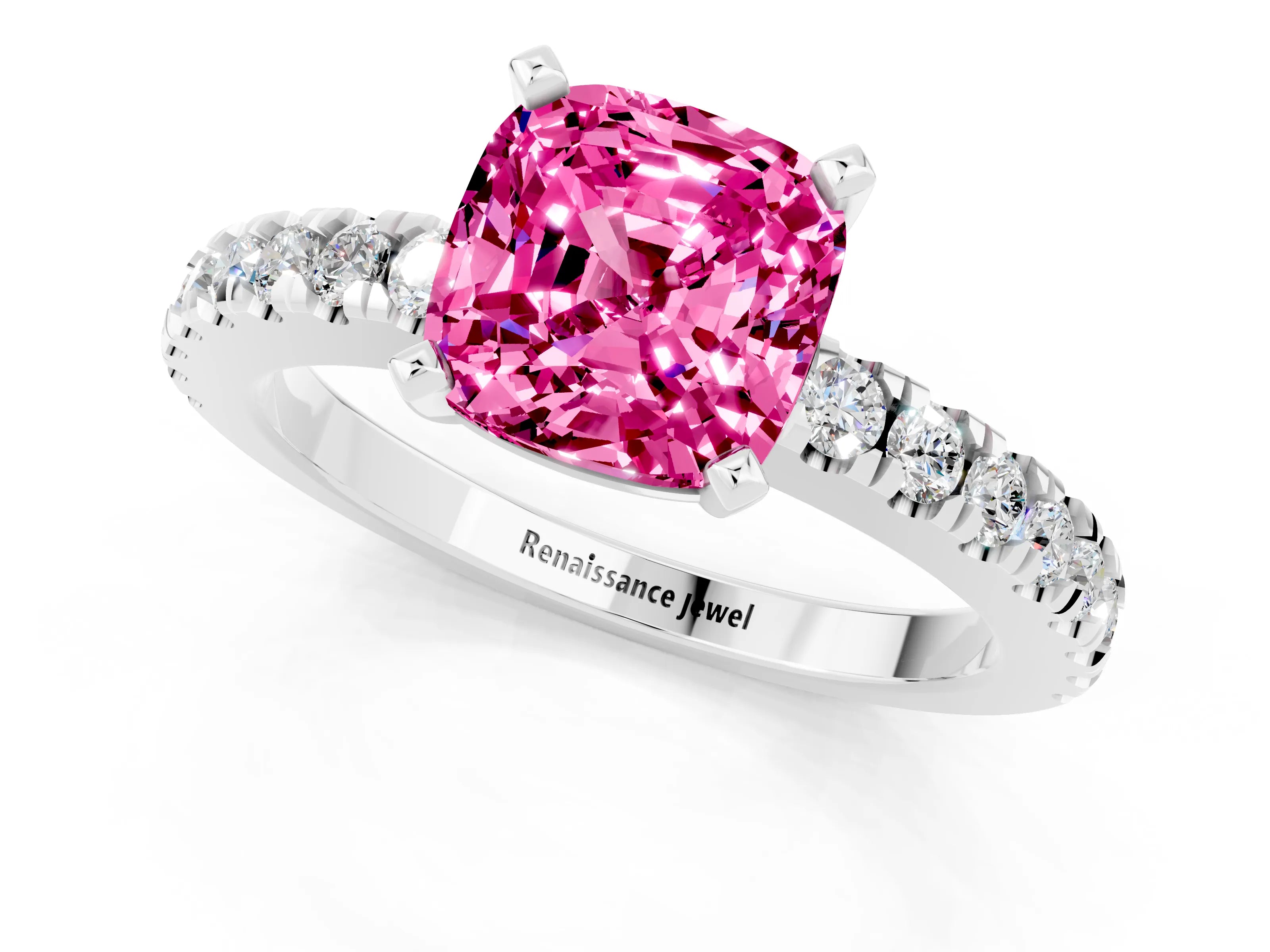 White gold Cushion Cut Solitaire Diamond with Pavé Band and Four-Prong Setting_1