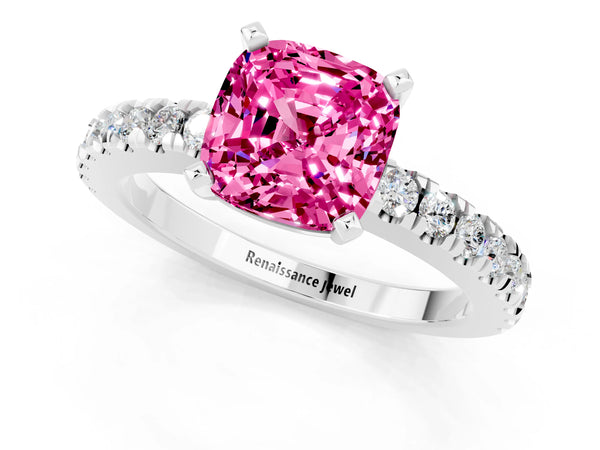 Platinum Cushion Cut Solitaire Pink Sapphire with Pavé Band and Four-Prong Setting