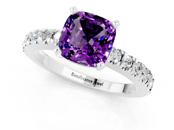 Silver Cushion Cut Solitaire Amethyst with Pavé Band and Four-Prong Setting