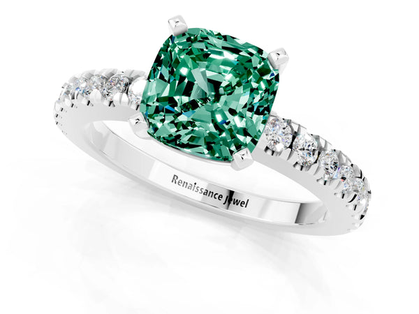 White gold Cushion Cut Solitaire Green Sapphire with Pavé Band and Four-Prong Setting