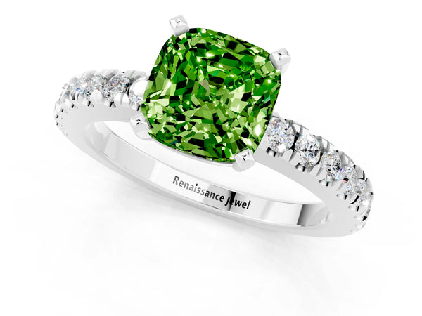 Platinum Cushion Cut Solitaire Peridot with Pavé Band and Four-Prong Setting