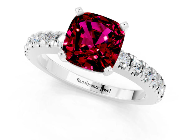 Platinum Cushion Cut Solitaire Garnet with Pavé Band and Four-Prong Setting