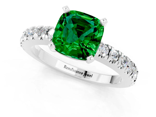 Silver Cushion Cut Solitaire Emerald with Pavé Band and Four-Prong Setting