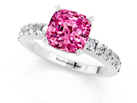 White gold Cushion Cut Solitaire Diamond with Pavé Band and Four-Prong Setting_1