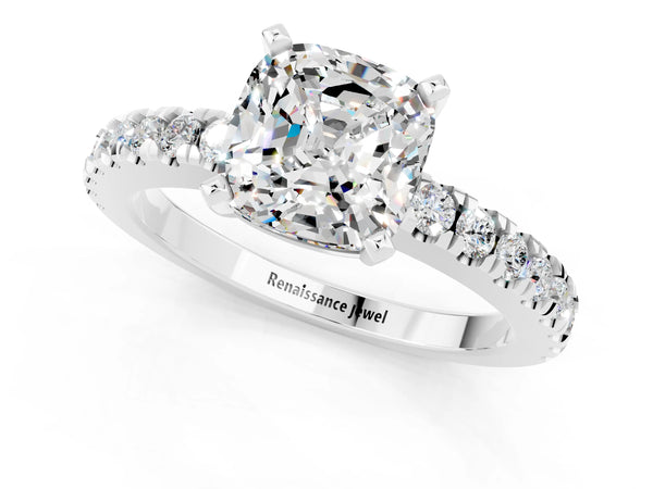 Silver Cushion Cut Solitaire Moissanite with Pavé Band and Four-Prong Setting