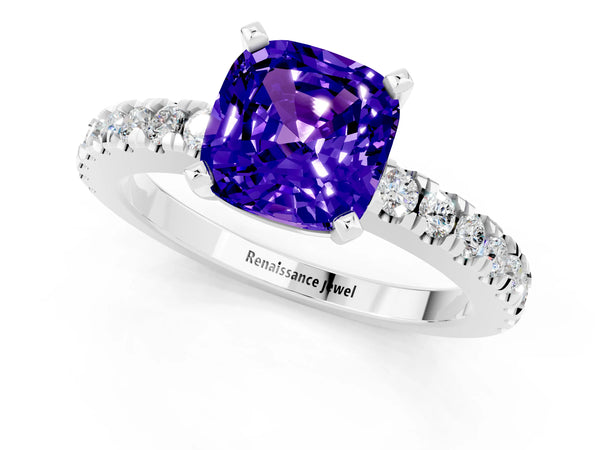 Silver Cushion Cut Solitaire Tanzanite with Pavé Band and Four-Prong Setting