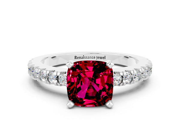 Platinum Cushion Cut Solitaire Garnet with Pavé Band and Four-Prong Setting