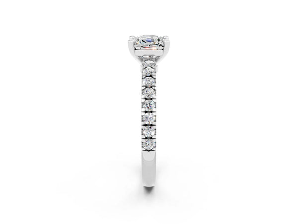 Platinum Cushion Cut Solitaire Moissanite with Pavé Band and Four-Prong Setting