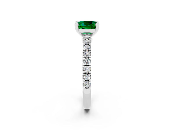 Silver Cushion Cut Solitaire Emerald with Pavé Band and Four-Prong Setting