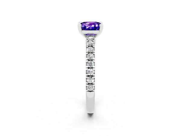 Silver Cushion Cut Solitaire Tanzanite with Pavé Band and Four-Prong Setting