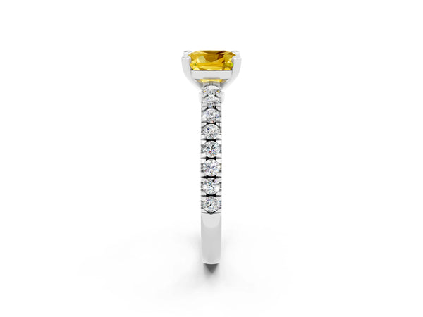 White gold Cushion Cut Solitaire Yellow Sapphire with Pavé Band and Four-Prong Setting