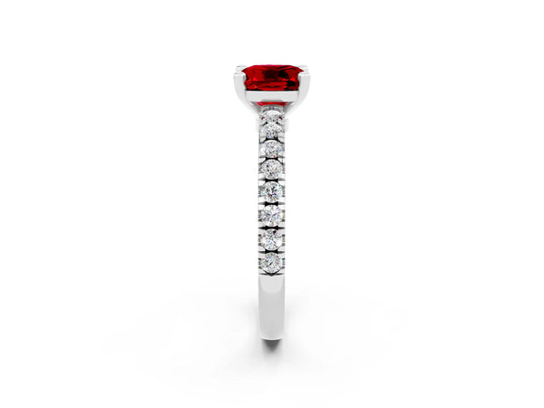 Silver Cushion Cut Solitaire Ruby with Pavé Band and Four-Prong Setting