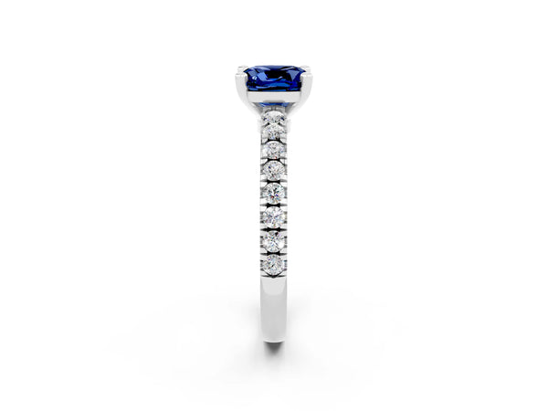 White gold Cushion Cut Solitaire Blue Sapphire with Pavé Band and Four-Prong Setting