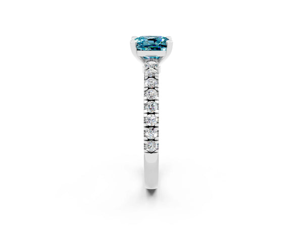 White gold Cushion Cut Solitaire Diamond with Pavé Band and Four-Prong Setting