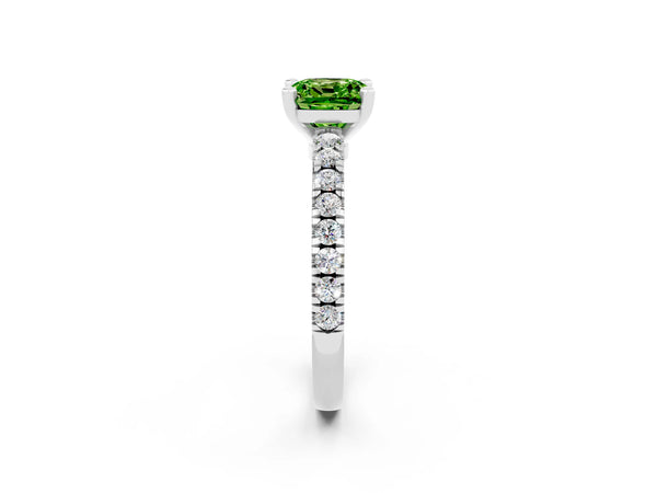 Platinum Cushion Cut Solitaire Peridot with Pavé Band and Four-Prong Setting